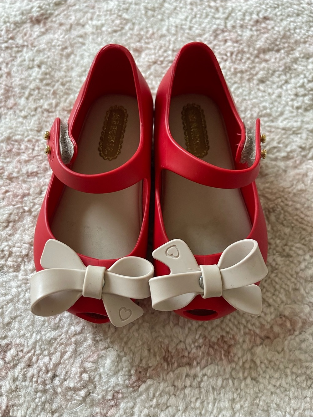 Mini Melissa Red Mary Jane Sandals with Cream Bows